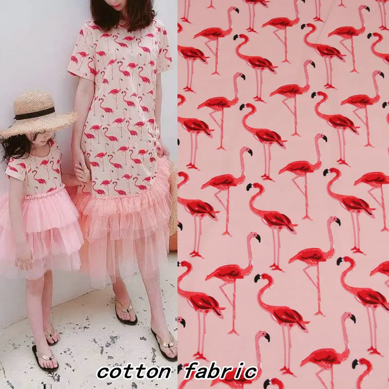 

pink flamingo cartoon printed cotton fabric for summer women kids dress DIY baby fabric for shirt thin clothing tissus au metre