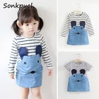 Детское джинсовое платье, в полоску, для девочек 2, 3, 4, 6, 8 лет, летнее, платье принцессы с длинным рукавом