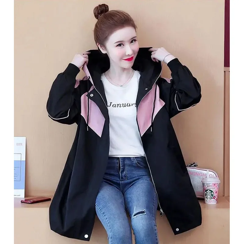 2022 модная Женская Длинная ветровка с капюшоном в стиле пэчворк на весну и осень