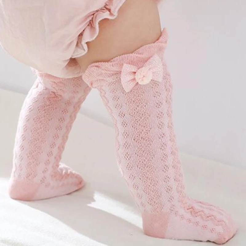 

New Infant Baby Girls Summer Thin Knee High Long Socks Cute Cartoon Bow Mesh Lace Anti-Mosquito Skid-Proof Toddler Stockings