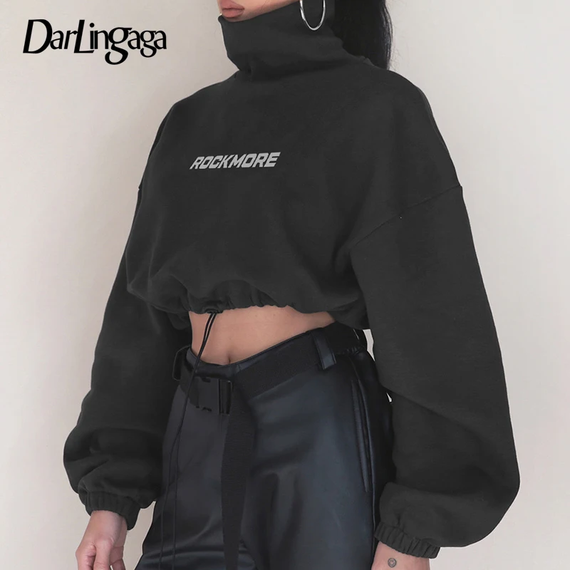 Darlingaga осень зима водолазка Толстовка Pulllover с буквенным принтом топ шнурок с эластичной талией женские толстовки - Цвет: Grey