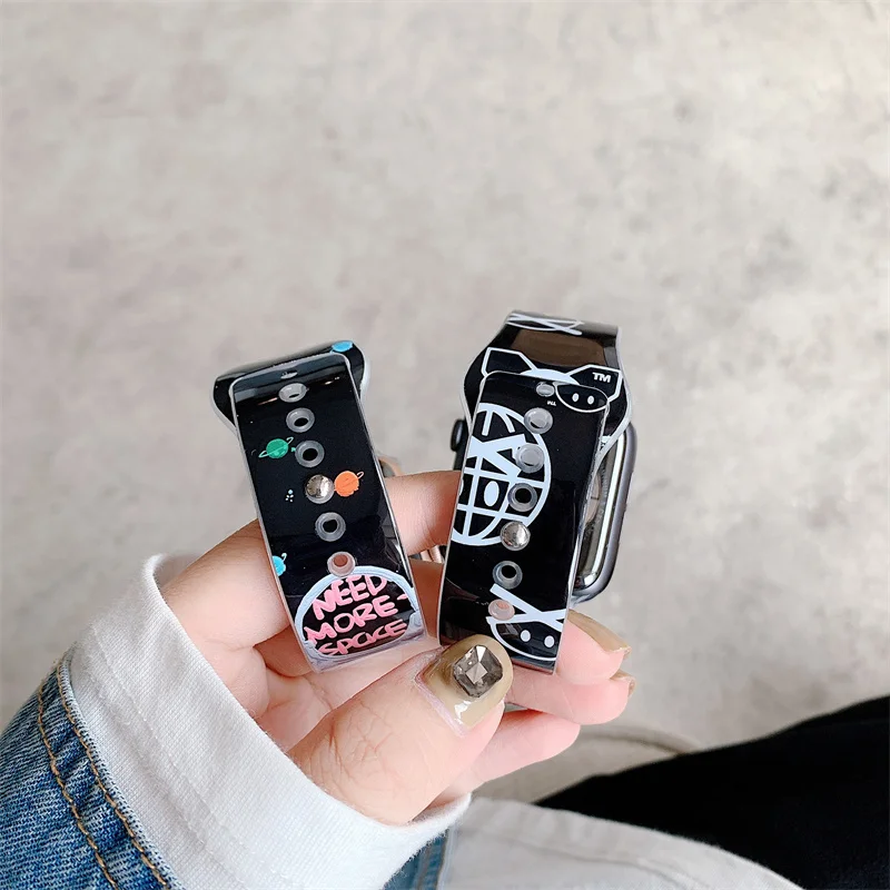 Ремешок силиконовый для Apple watch band 41 мм 45 декоративный браслет с принтом iWatch Series 5 4