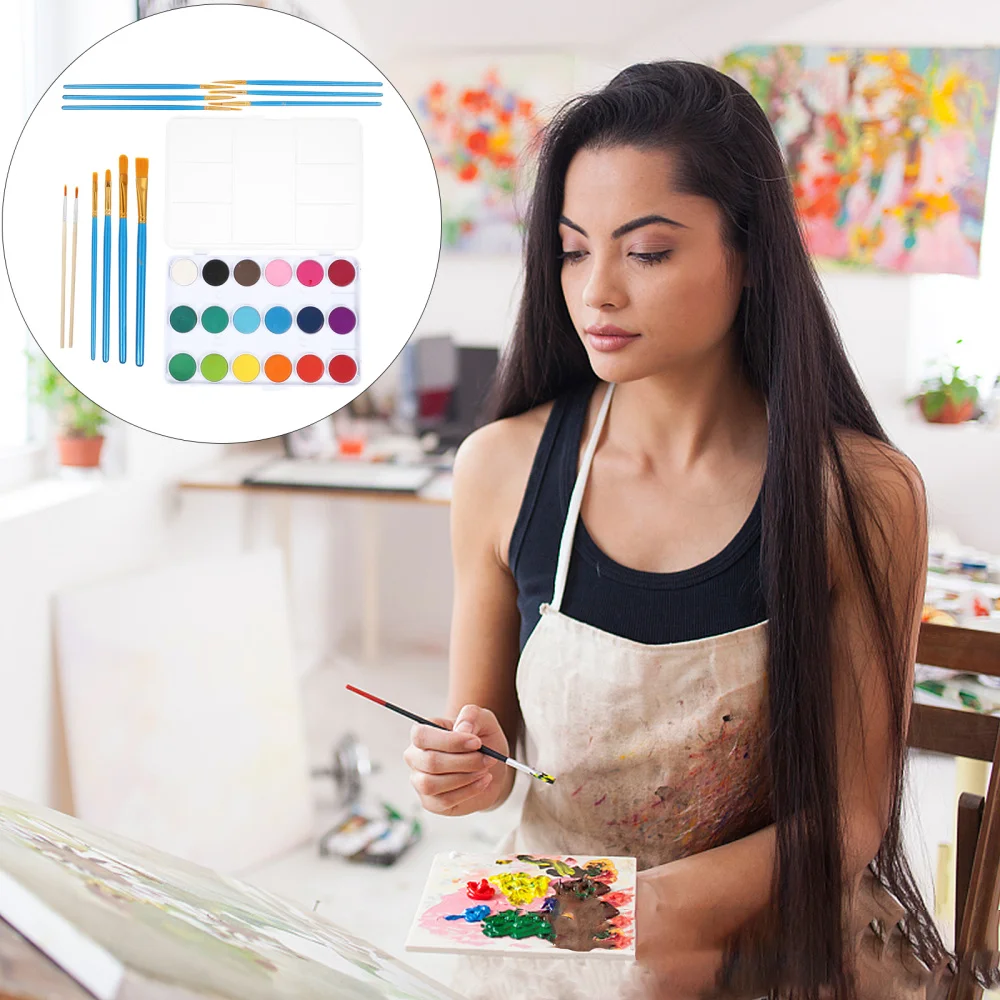 

1 Set Watercolor Paint Plate Pigment Powder Pan with Painting Pens