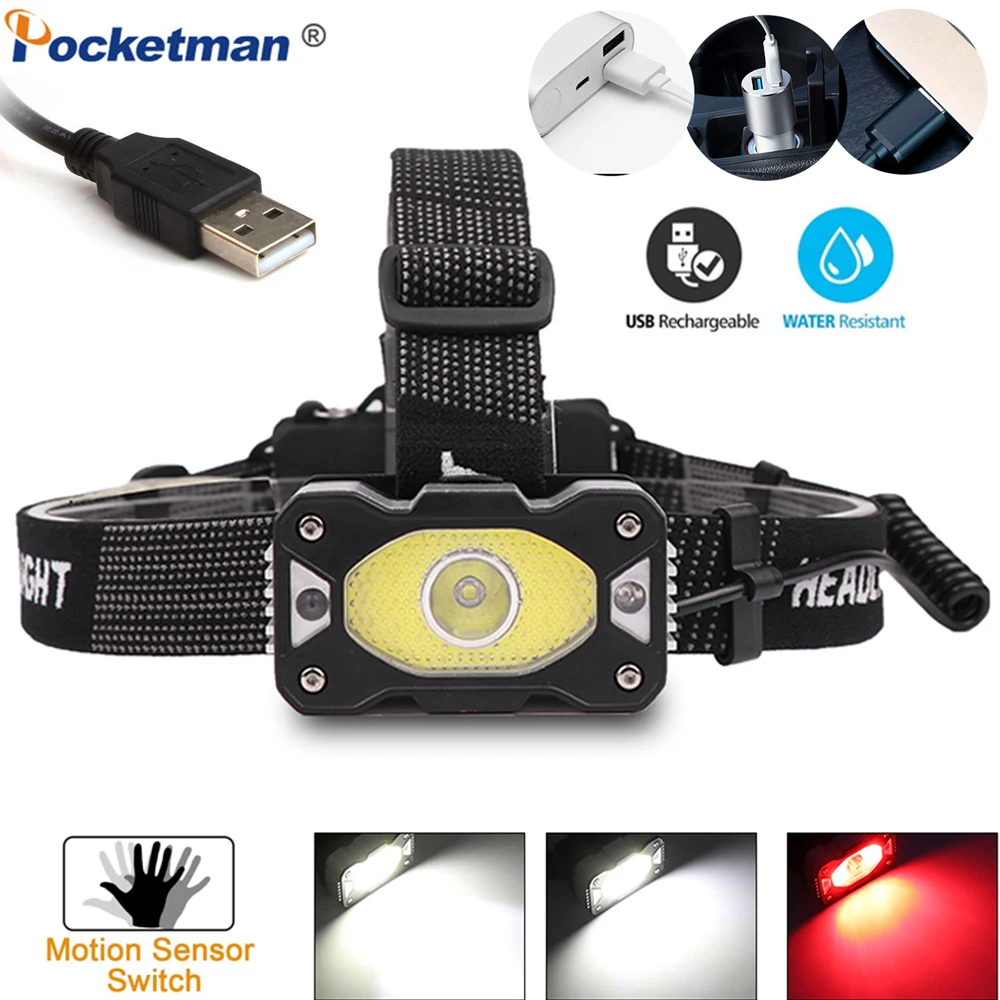 

Brightest Induction Headlamp IR Sensor LED Headlight USB Rechargeable Head Light Red White Light Head Lamp Use 18650 Battery