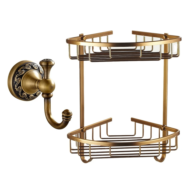 

FashionWall Mounted Antique Finish Aluminum Bathroom Shower Shampoo Shelf & Antique Brass Finish Bathroom Towel Hanger