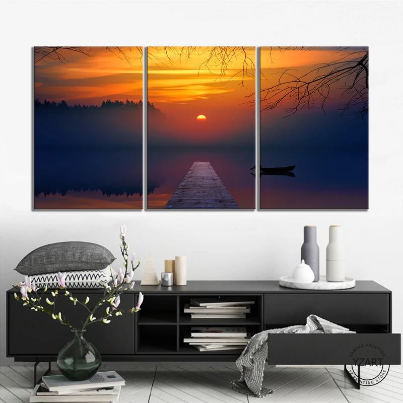 

HD Picture Nature Scenery Lake Surface The Setting Sun Landscape Poster Wall Art Canvas Painting for Home Decor