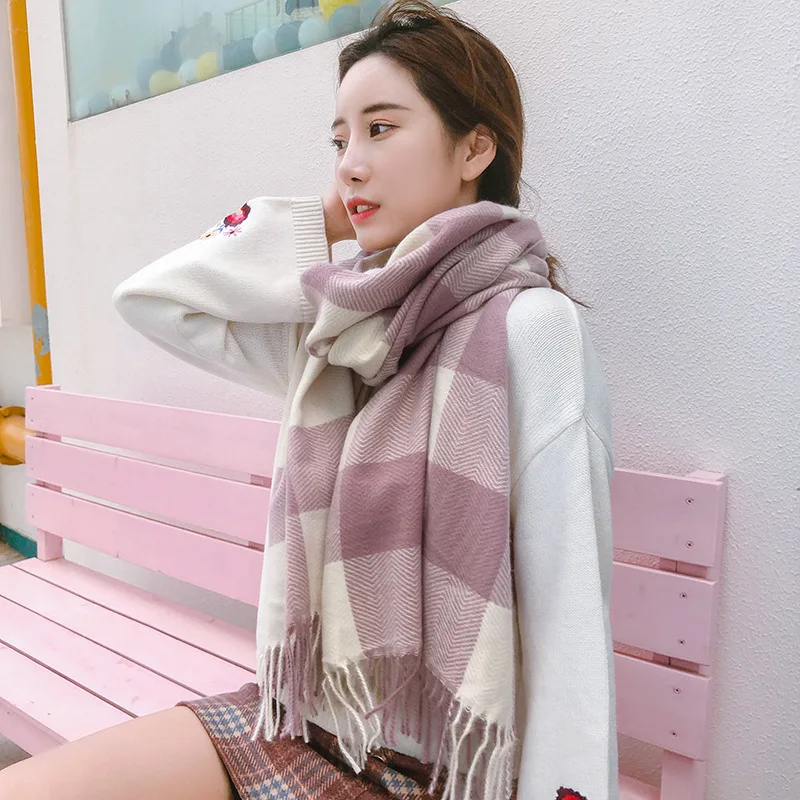 Корейский Клетчатый кашемировый шарф Женская отбеленная Шерсть Шаль дамское зимнее пончо женский хиджаб обёрточная бумага