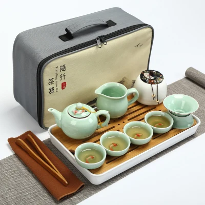 Качественный дорожный чайный набор кунг-фу чайник чашки gaiwan infuser chahai портативная коробка cozies деревянный бамбуковый поднос китайский чайный церемониальный набор - Цвет: SET 13
