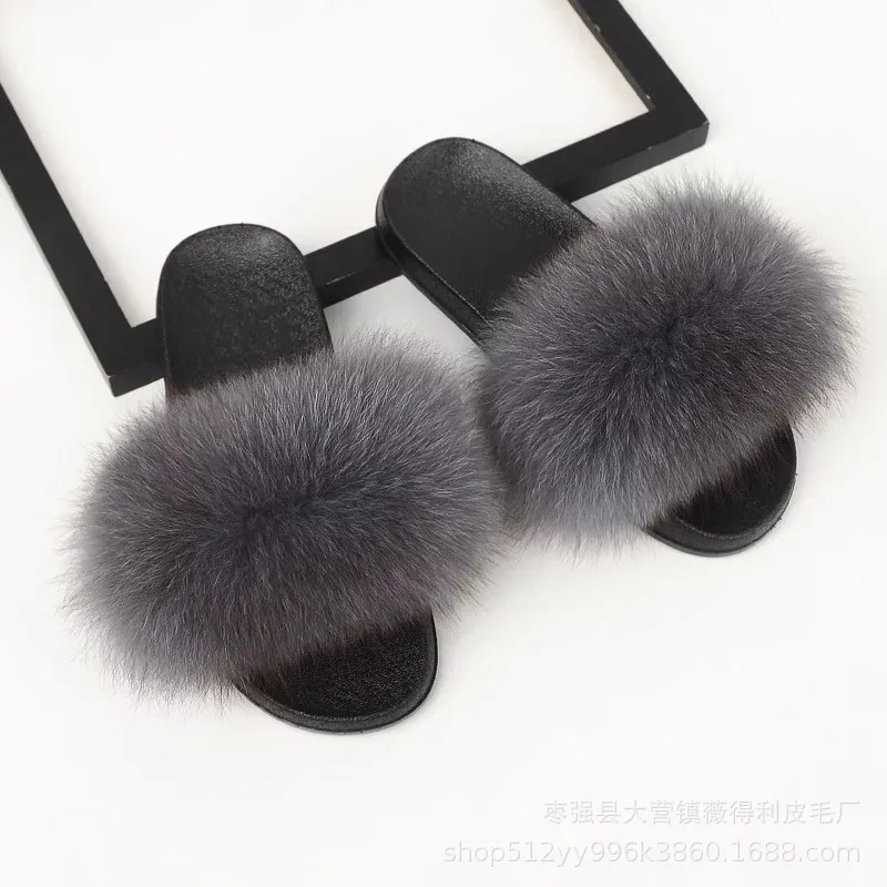 

Sansom NEW fuzzy Fox fur Slippers Flip Flop women Fur Slides furry fluffy plush designer slippers summer fluffy slides