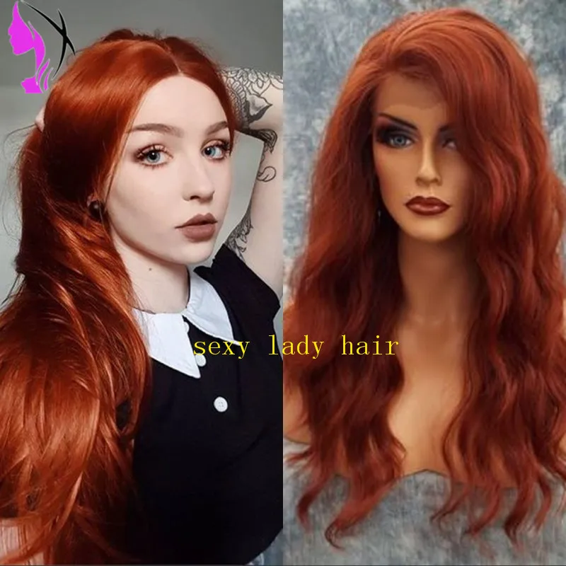 Длинный кудрявый парик Auburn из медно-Красного синтетического кружева спереди