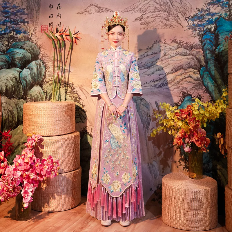 

Pink Chinese Women Wedding Dress Chinese Style Marriage Set Exquisite Cheongsam Suzhou Embroidery Bride Costume Toast Clothing