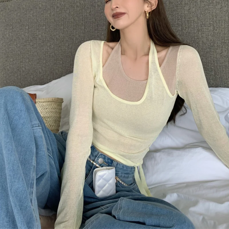 

Корейский модный осенний ТРИКОТАЖНЫЙ УКОРОЧЕННЫЙ ТОП с длинным рукавом и имитацией двух предметов тонкий пуловер на шнуровке трикотажная ...