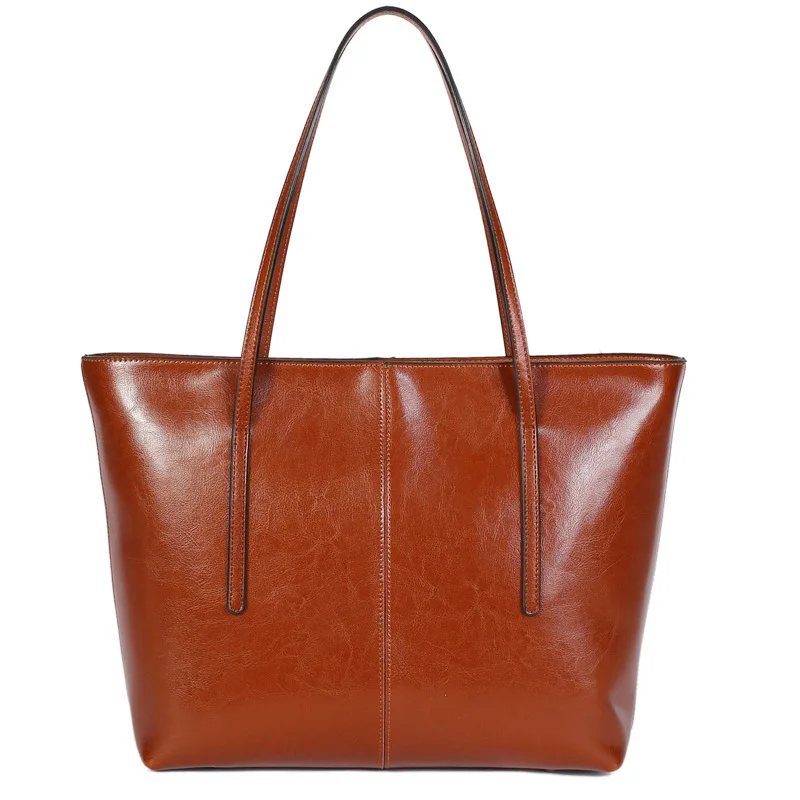 

2021 New leather women's bag European and American style oil wax simple large bag cowhy tote one-shoulder sloping bag