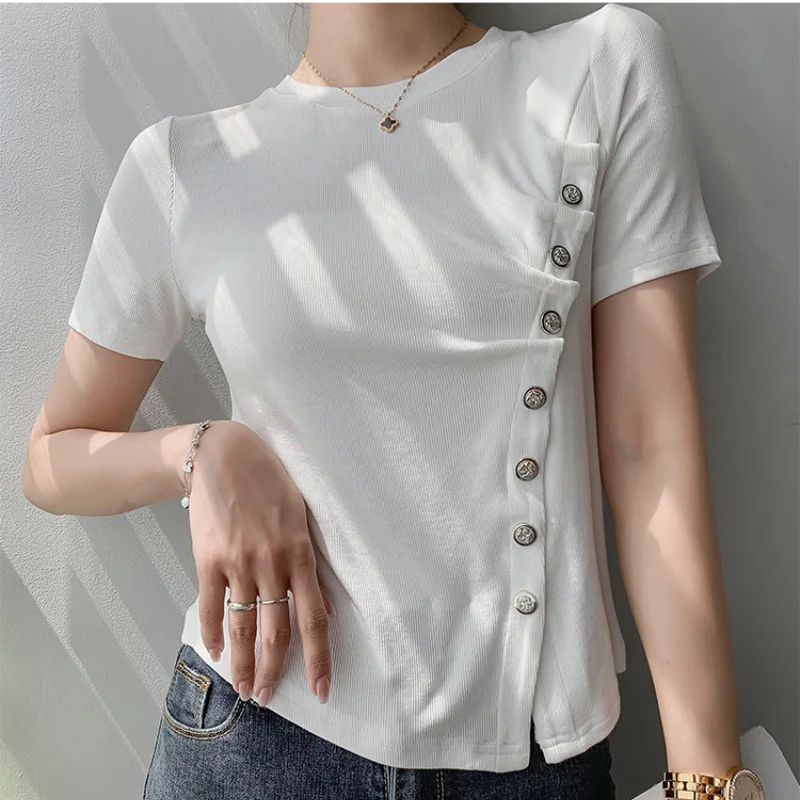 

Chic Screw Thread Cotton Slim Women T-shirts Fashion Single-breasted Slit Crop Tops High Street Casual Female Tee Shirt