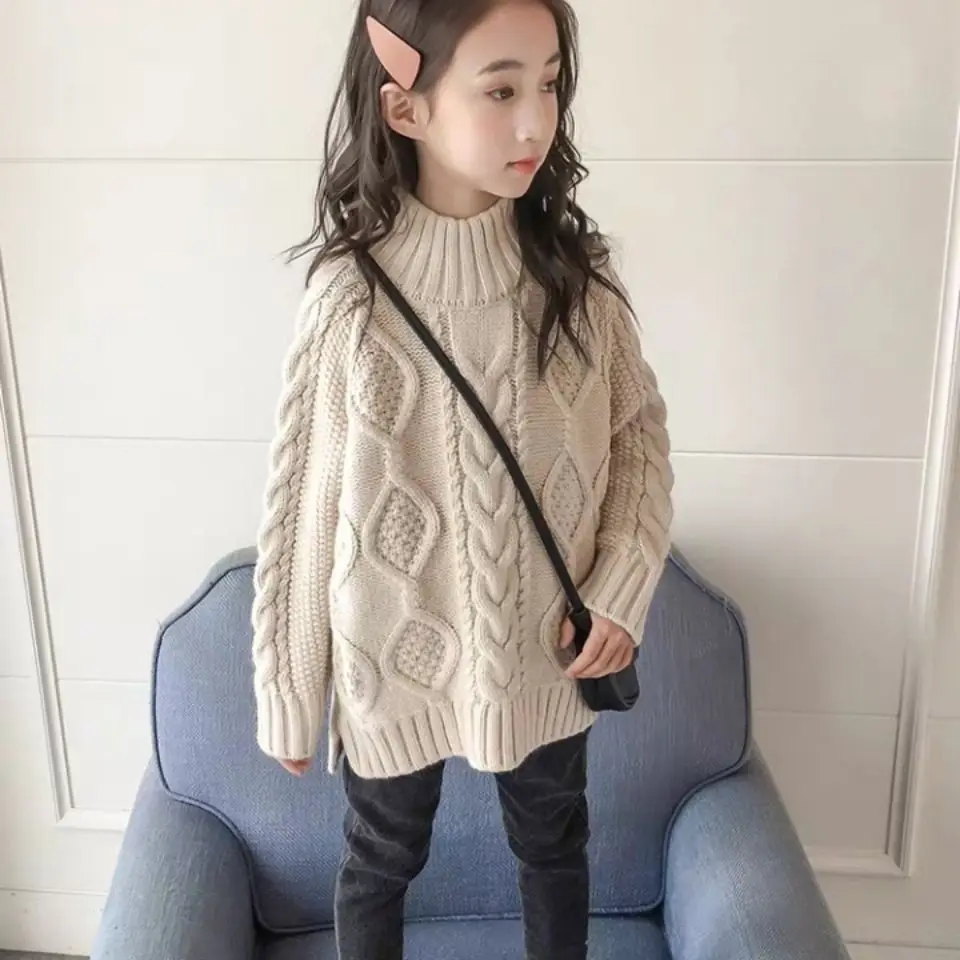 

Girls sweater 2020 new Korean children's big children loose spring and autumn knitting thick line girl foreign style Twist braid