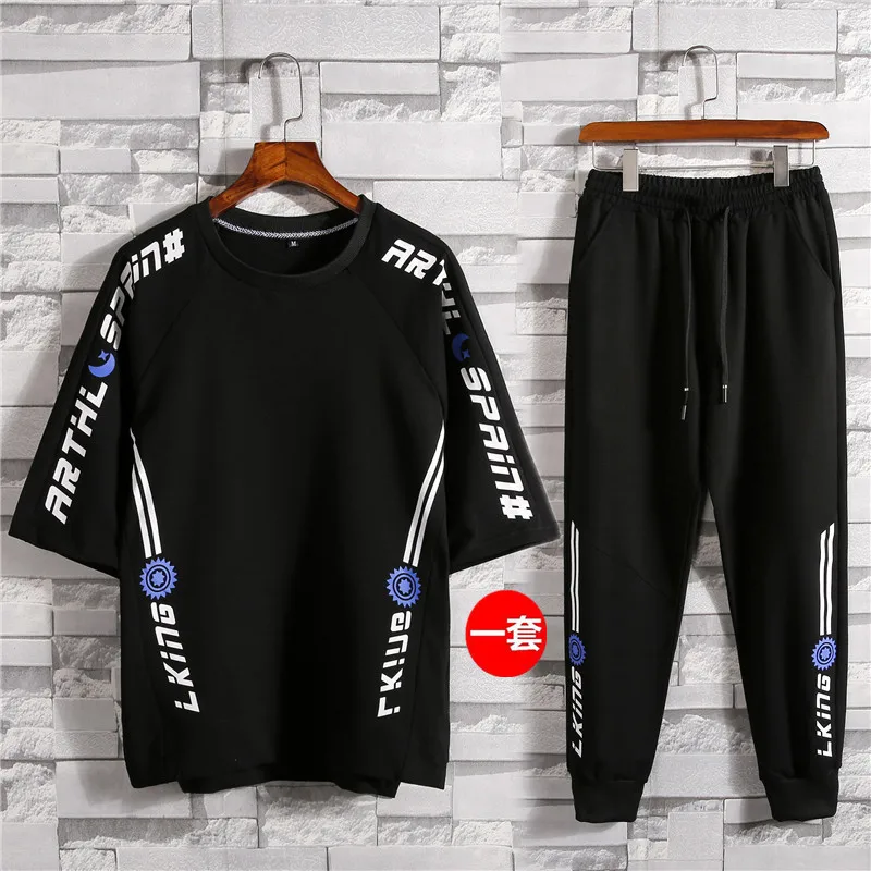 

Sports and leisure suit men's 2021 new trend printed men's youth fashion hip hop half sleeve T-shirt two piece set
