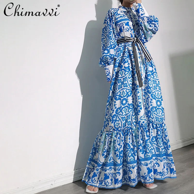 

Женское платье-макси в стиле ретро, свободное облегающее платье с высокой талией, воротником-стойкой и пышными рукавами, лето 2021