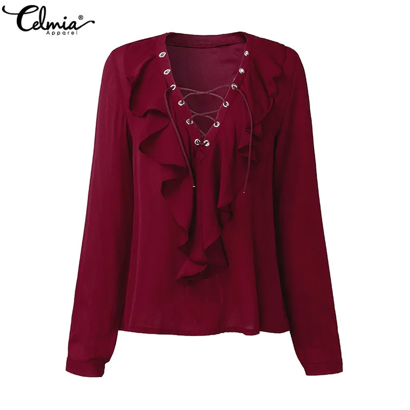 

Celmia 2021 Fashion Blouses Women Chiffon White Shirts Lace Up Sexy V Neck Ruffles Long Sleeve Casual Tops Plus Size Blusas 3XL