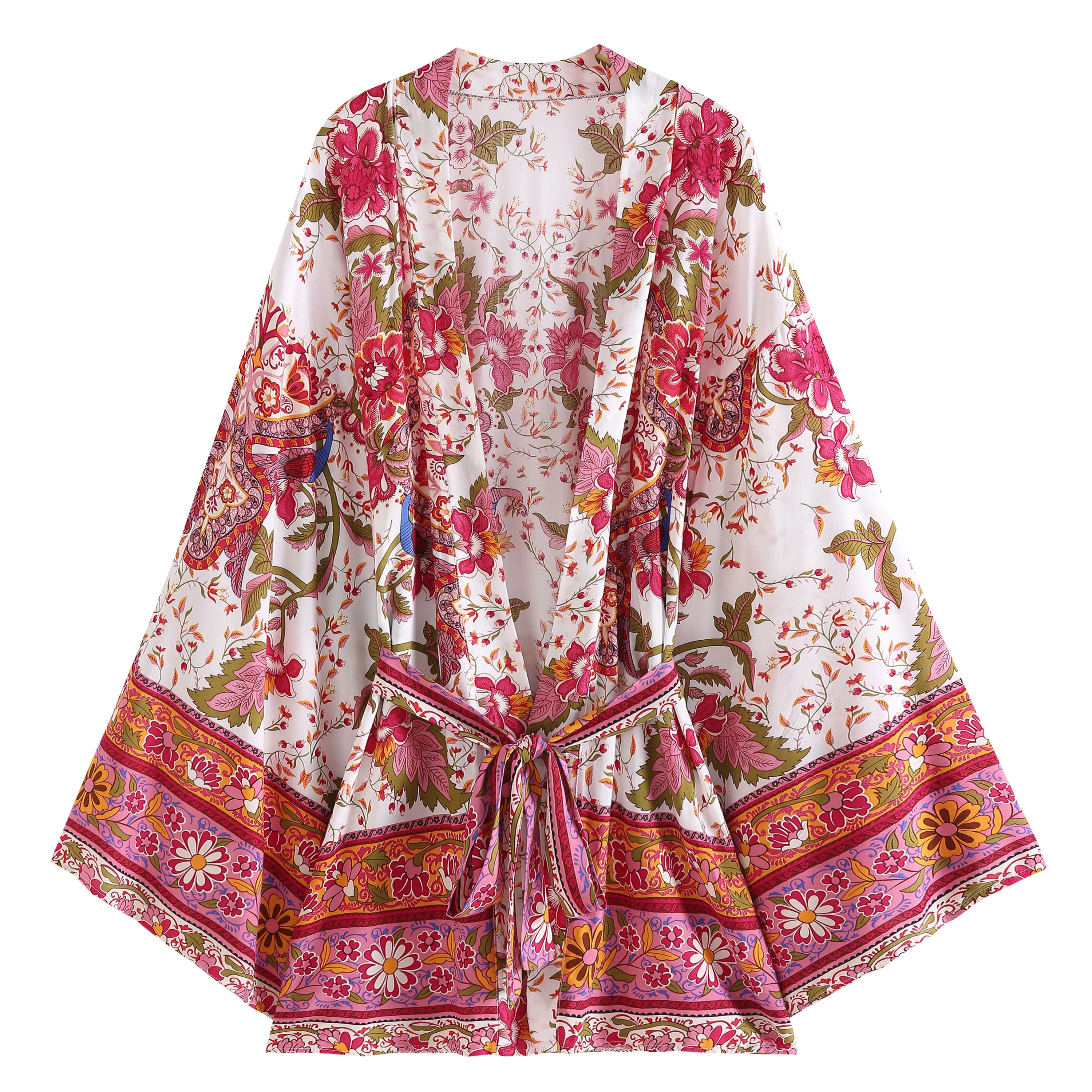 

Boho Plus Blusas Botanical Floral Print Short Robes Summer Bikini Cover Ups 3/4 Sleeve Sashes Rayon Cotton Kimono Bohemian