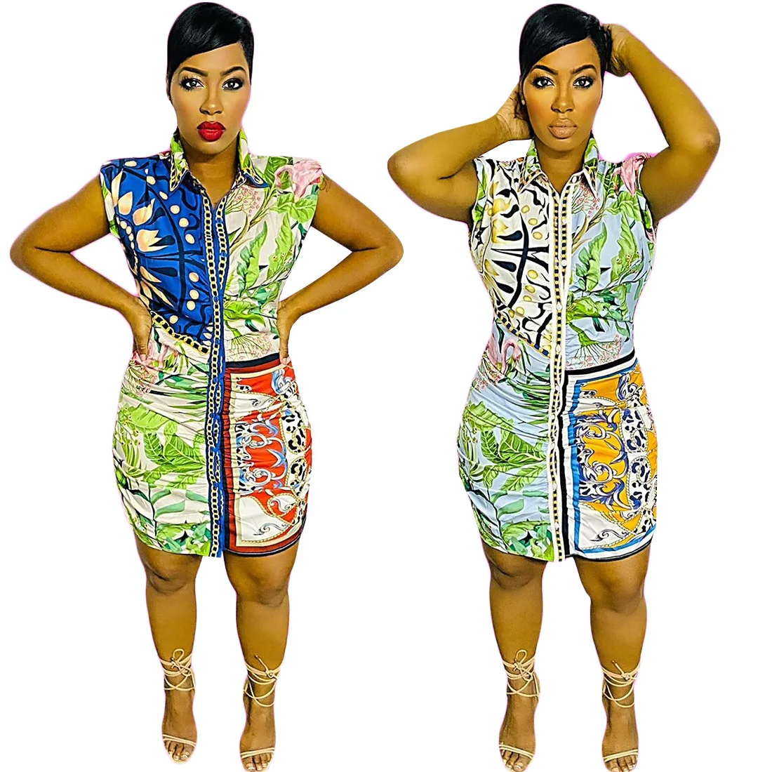

Summer Sexy Sleeveless Shirt Dress Women Fashion Print Sleeveless Lapel Tight-fitting Mini Shirt Dress Women