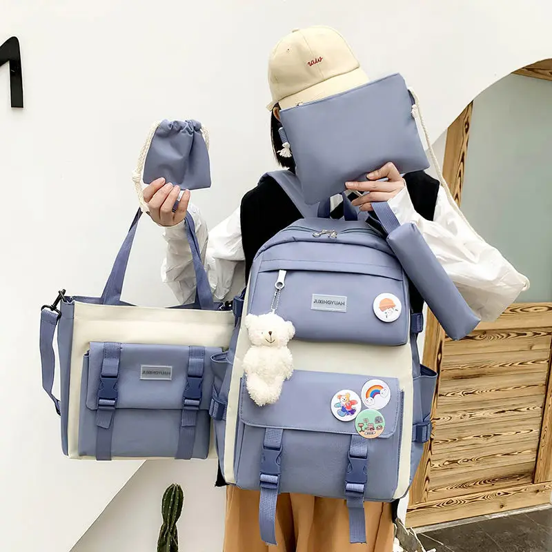 Школьный ранец из пяти предметов для женщин младшей и старшей школы, модный хипстерский рюкзак большой вместимости, новинка 2021