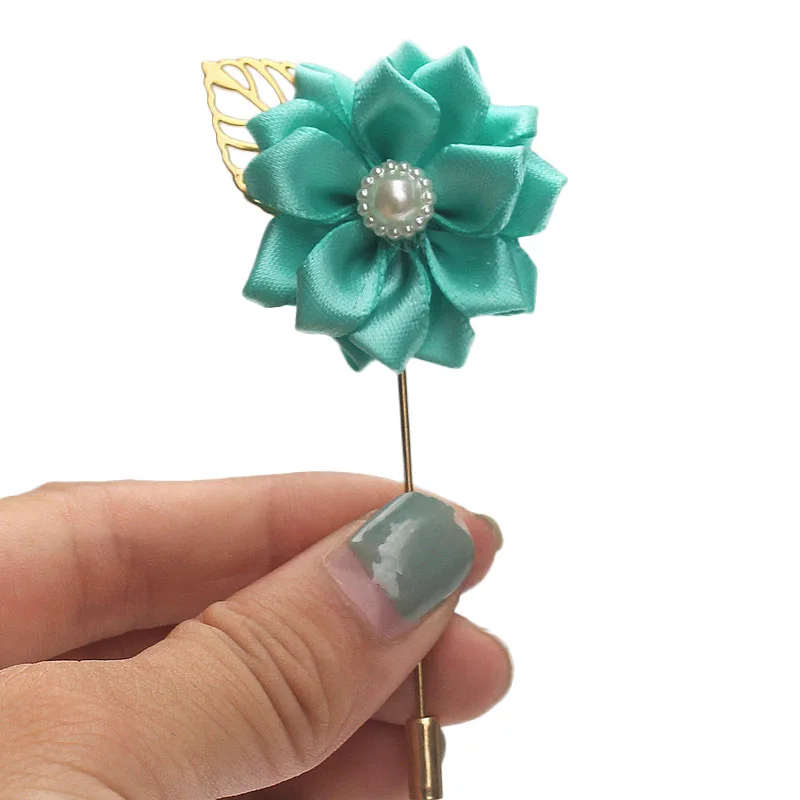 mint green Романтическая слоновая кость атласная Шелковая Роза церемония цветок мужской лацкан булавка бутоньерка, жених бутоньерка брошь для свадьбы выпускного вечера украшения XH889P - Цвет: mint green