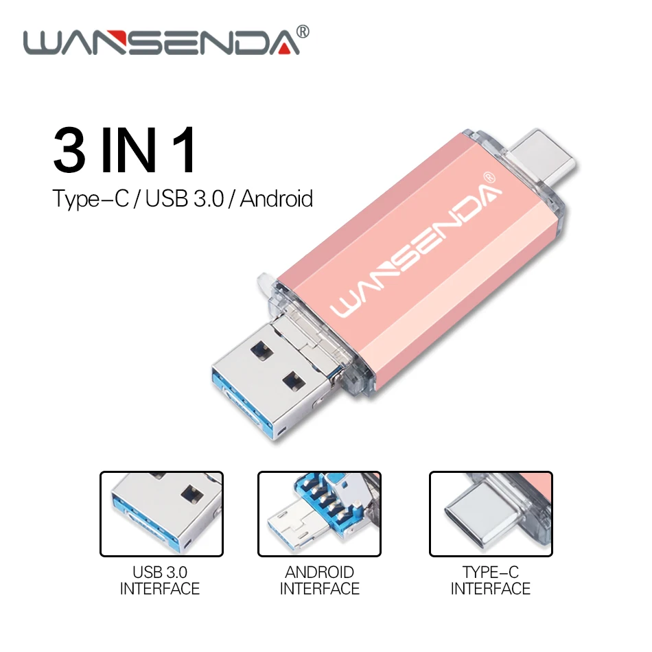 

WANSENDA OTG 3 IN 1 USB3.0 & TYPE C & Micro USB Flash Drive Pen Drive 32GB 64GB 128GB 256GB 512GB Real Capacity Pendrive