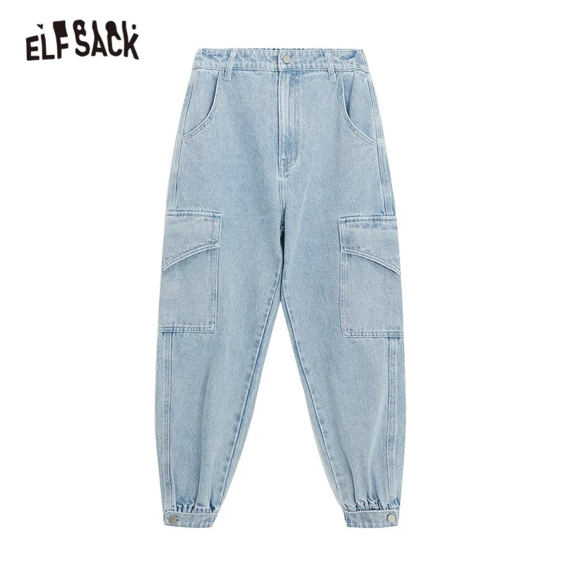 ELFSACK синие одноцветные вымытые прямые повседневные шаровары женские 2019 Осенние