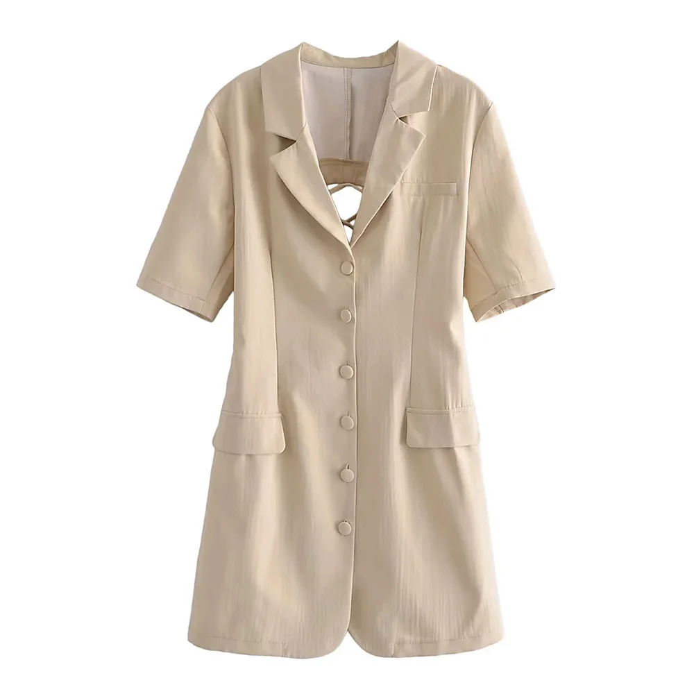 

2022 New Women Sweet Solid Mini Loose Dresses Fashion Elegant Female V Neck Short Sleeve Single Breasted Dress Casual Chic
