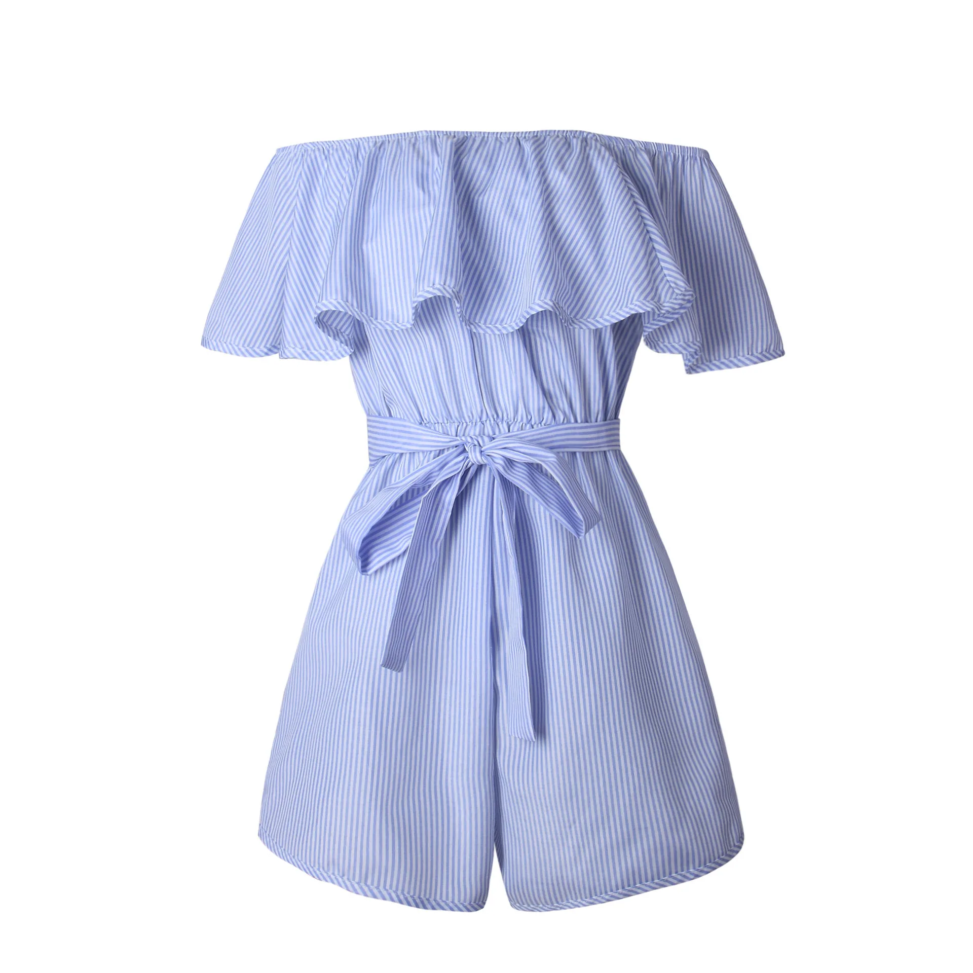 

Summer Off Shoulder Short Jumpsuit Romper Women Casual Overalls Striped Short Trousers Combishort Mono Mujer Largo Elegante 2020