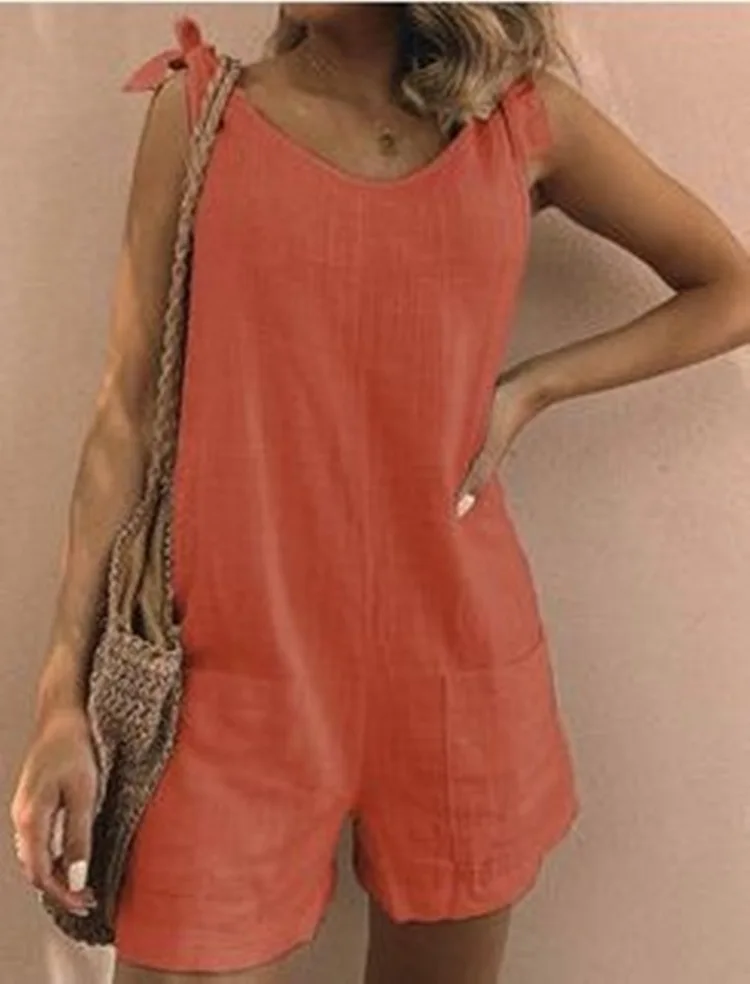 

2021 Summer Women's Jumpsuit Solid Color Sleeveless Adjustable Straps Pockets Loose Jumpsuit Ladies Casual Short Pants Romper