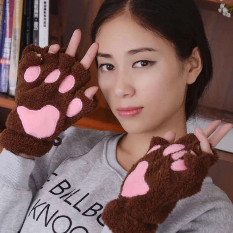Милые плюшевые перчатки с медвежьими когтями для детей и взрослых полупальцами