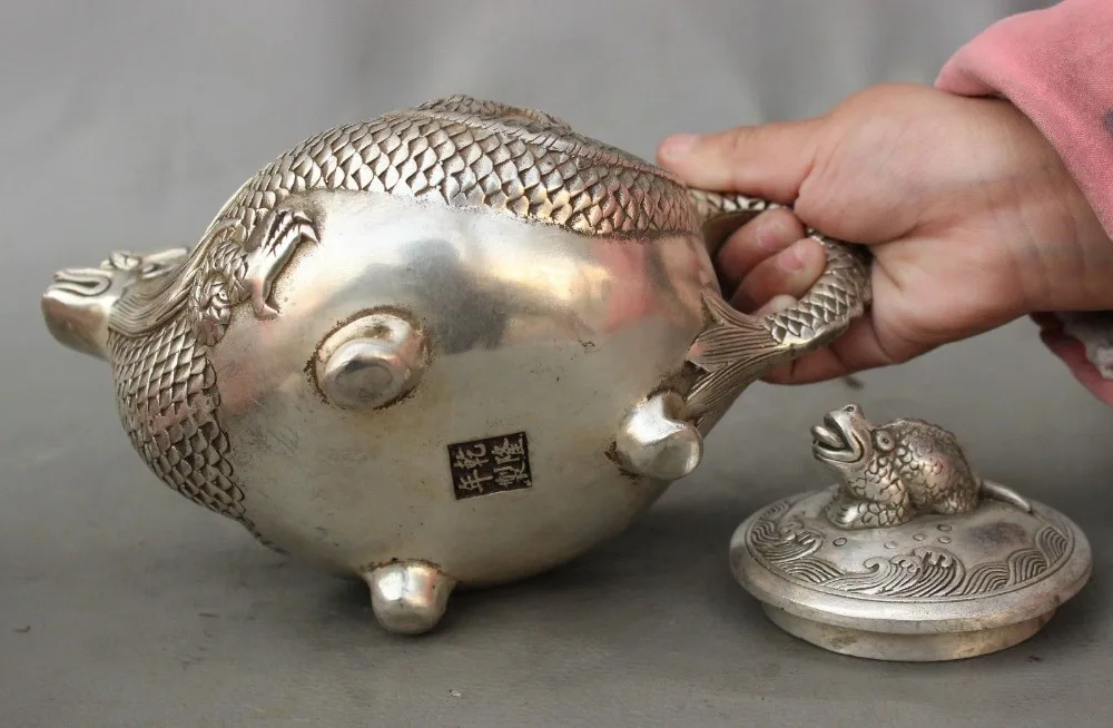 

MARKED CHINESE PALACE SILVER WEALTH TOAD DRAGON STATUE TEAPOT WINE POT FLAGON