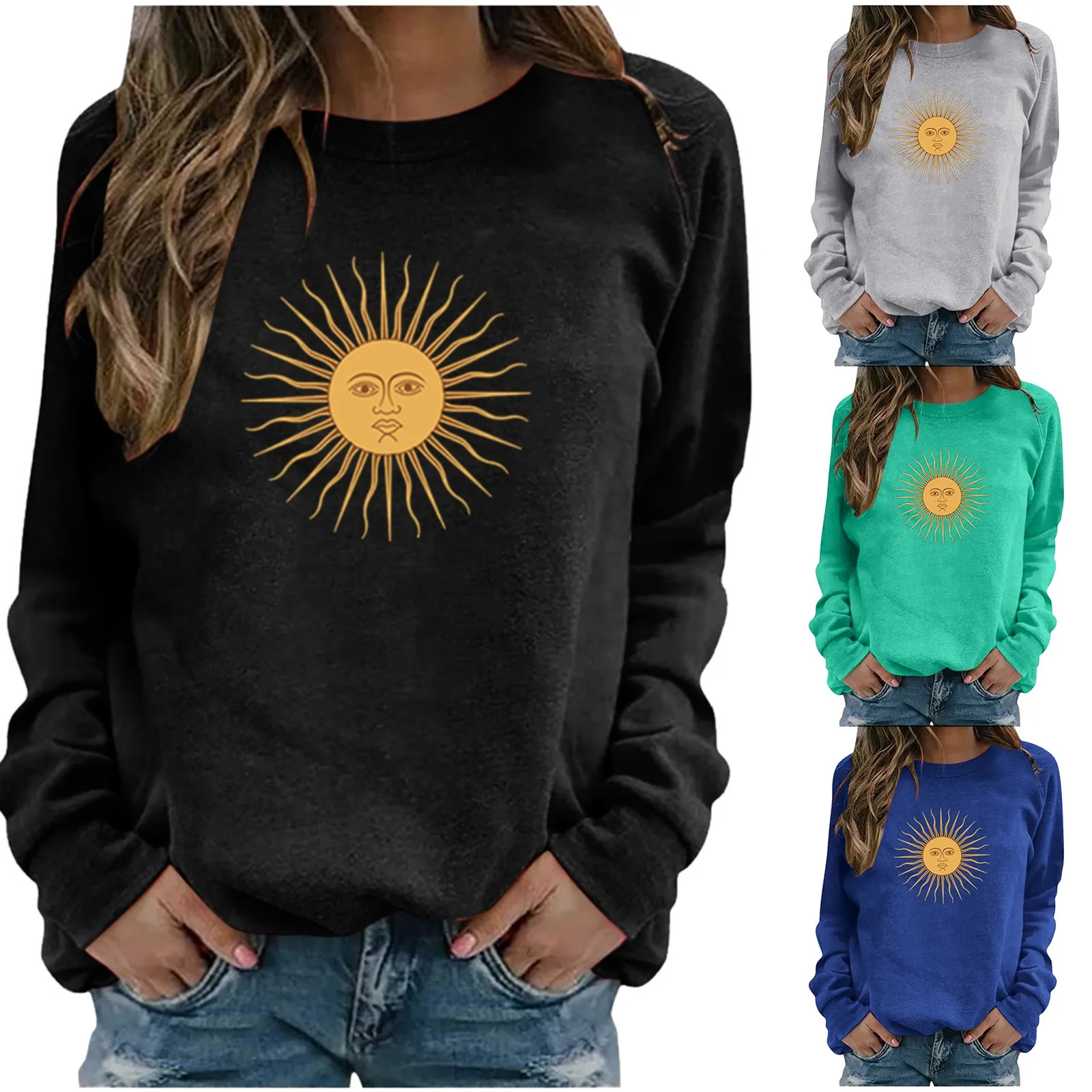 

Women's Casual Blouse Sun Print Long Sleeve Pullover Tops Sweatshirt Blouse Basic Tops Robe Blusas Loose Chemise Блузка R5