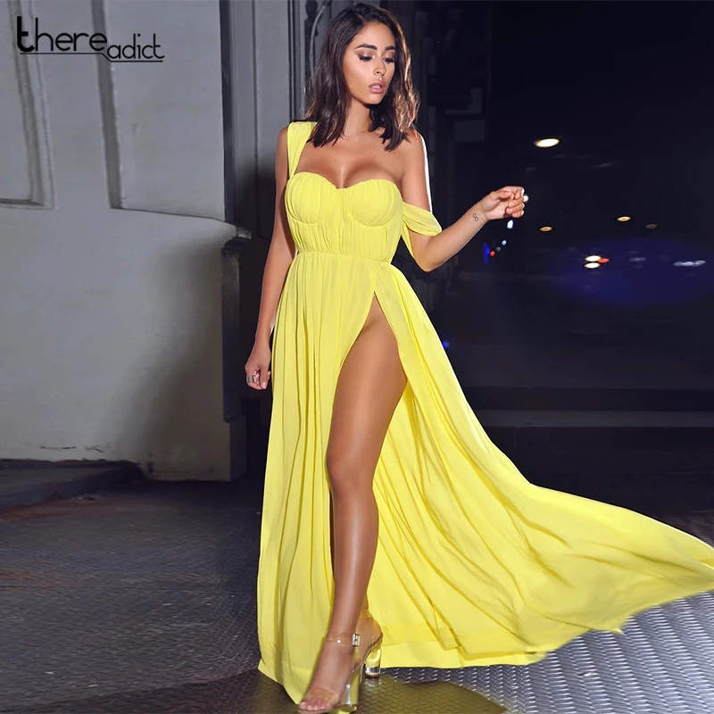 Элегантное желтое Сексуальное Платье с высоким разрезом без спинки длинное