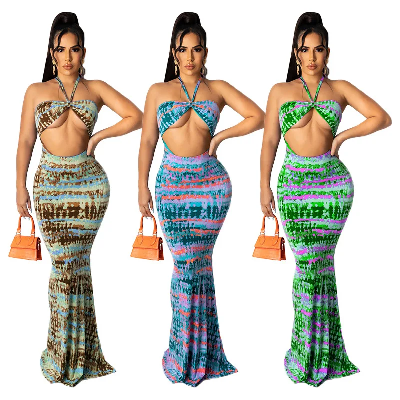 

Elegant Halter Print Cut Out Long Women Dress Sexy Off The Shoulder Sleeveless Hollow Out Bodycon Club Party Dresses Robe Femme