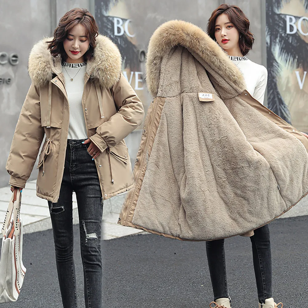 Vielleicht 2021 New Women Jacket Parkas Winter Cotton Paaded Hooded Coat Women Winter Clothing Female Fur Liner Long Jacket Coat