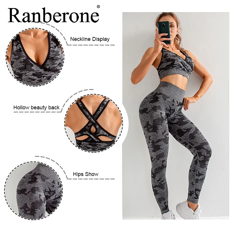 Ranberone Yoga Sets Women Gym Clothes Camouflage Sports Bra Set High Stretch Slim Leggings Sports Wear Suit Women's Tracksuit