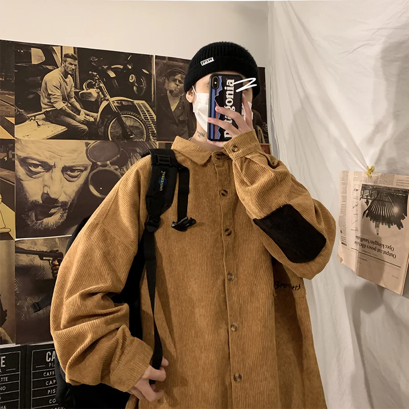 2020 Мужская мода утолщенные вельветовые пальто с вышивкой Лоскутная рубашка