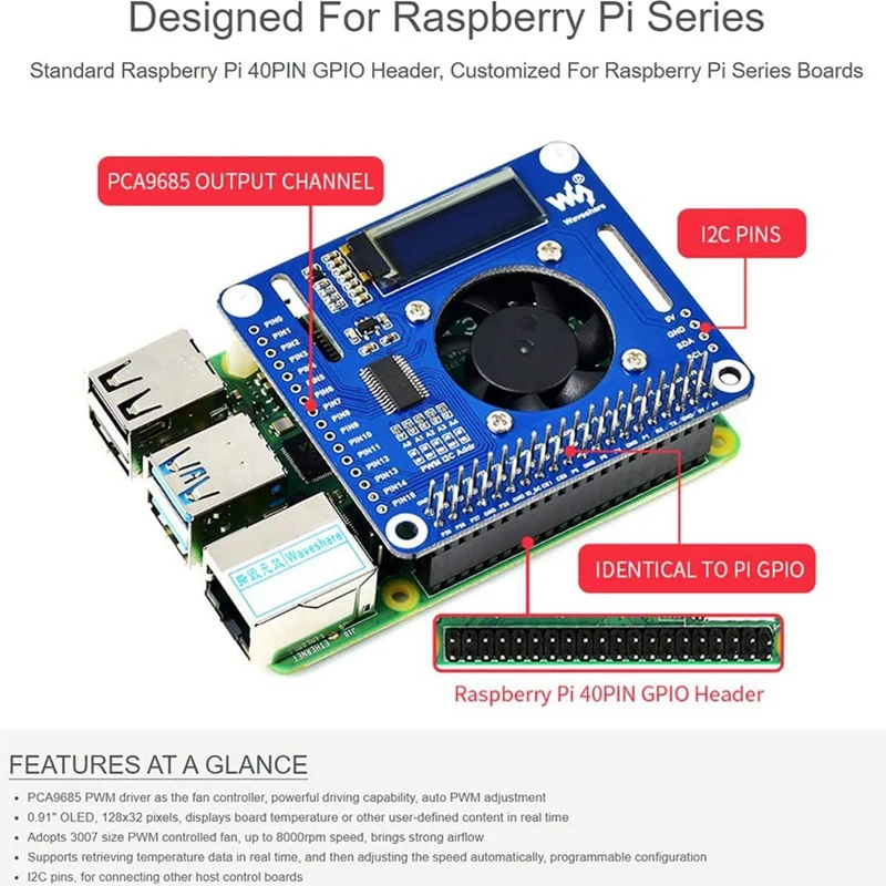 

Waveshare PWM Controlled Fan HAT for Raspberry Pi with I2C Bus PCA9685 Driver Temperature Monitor