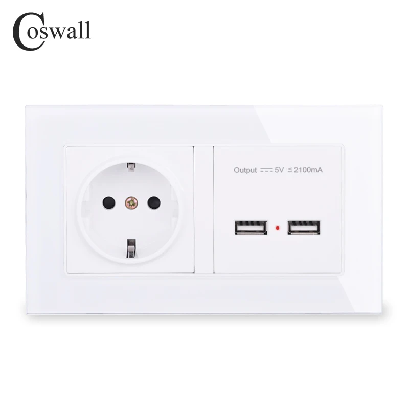 COSWALL настенная розетка, стандарт ЕС, розетка с двойным USB, умный индукционный порт зарядки для мобильных 2.1A, кристальная стеклянная панель
