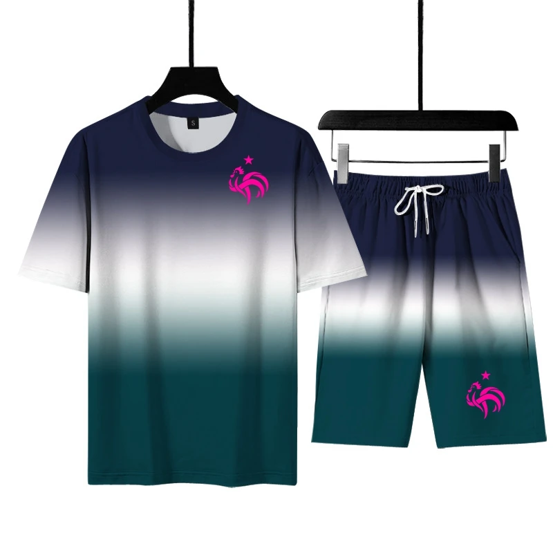 

2021 Summer Men's Sets Gradient 3D Digital Printing Youth Casual T-Shirt Suit Brands Rooster Sportswear Men's Size (M-6XL)