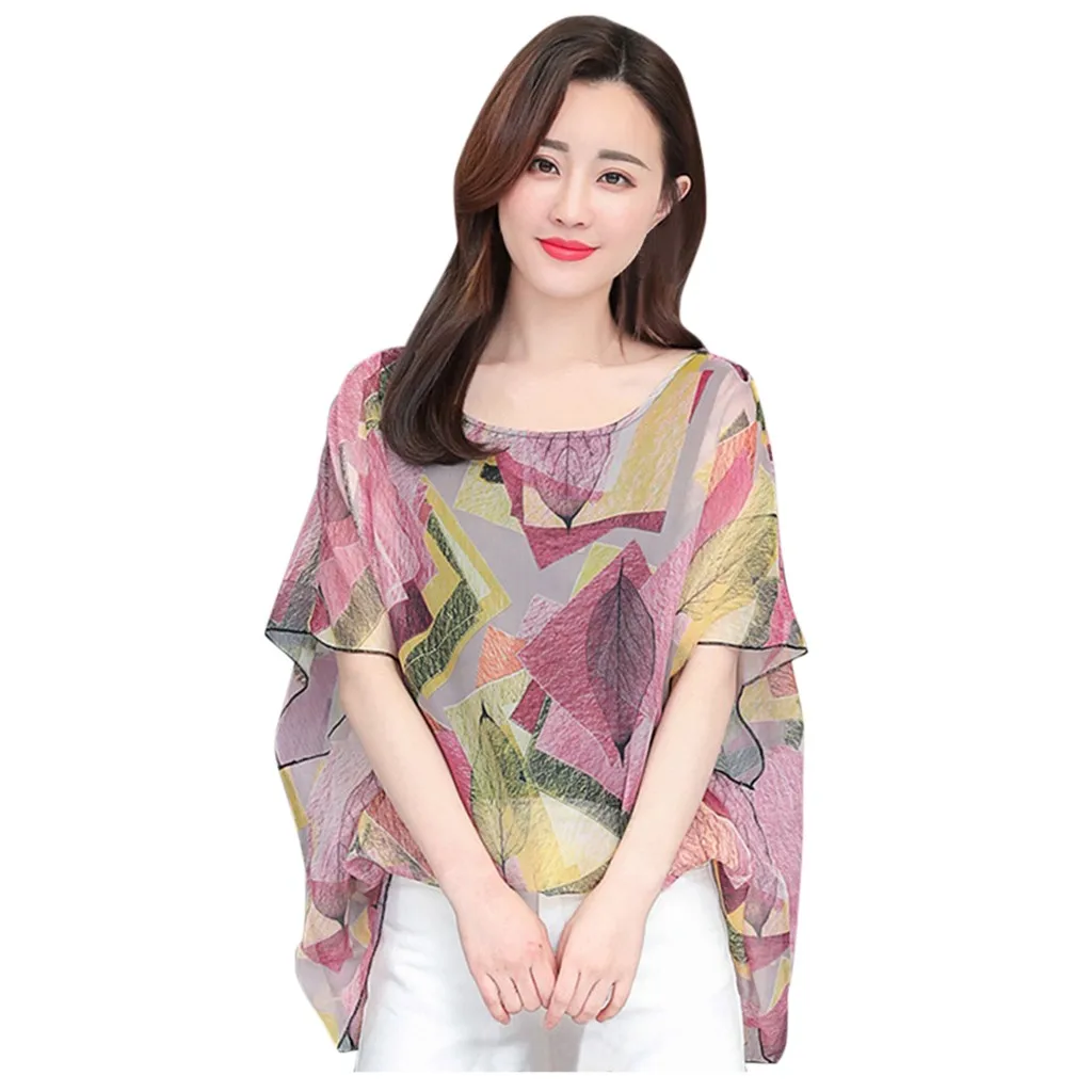 2020 женская футболка с О-образным вырезом шифоновая принтом летучая мышь короткий