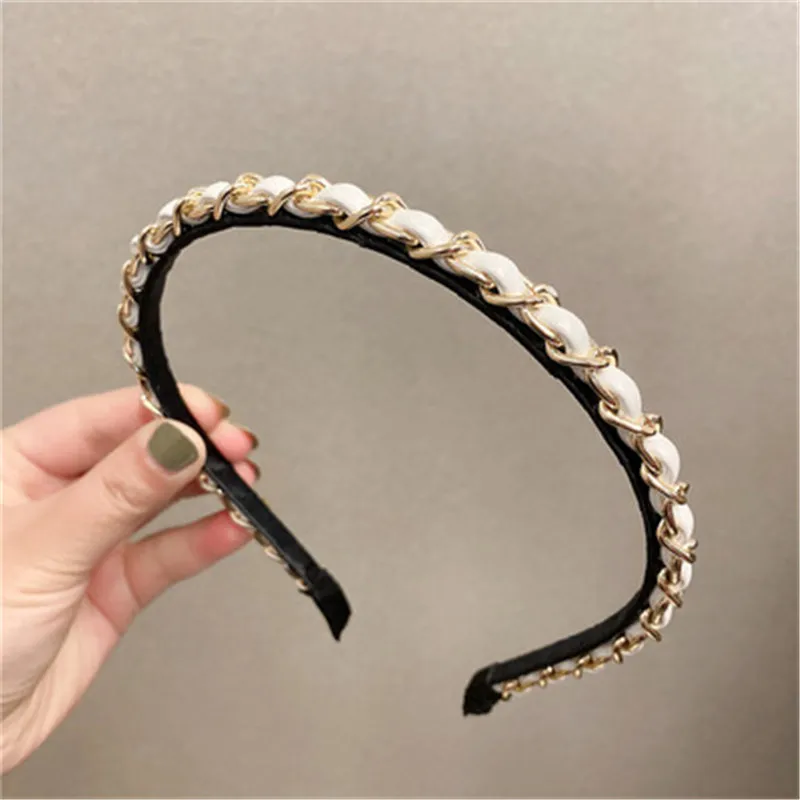 

Slim Narrow Headband For Women Girl PU Leather Chains 5 Simple Camellia Hair Band Accessories Korean New Wholesale Office Gift