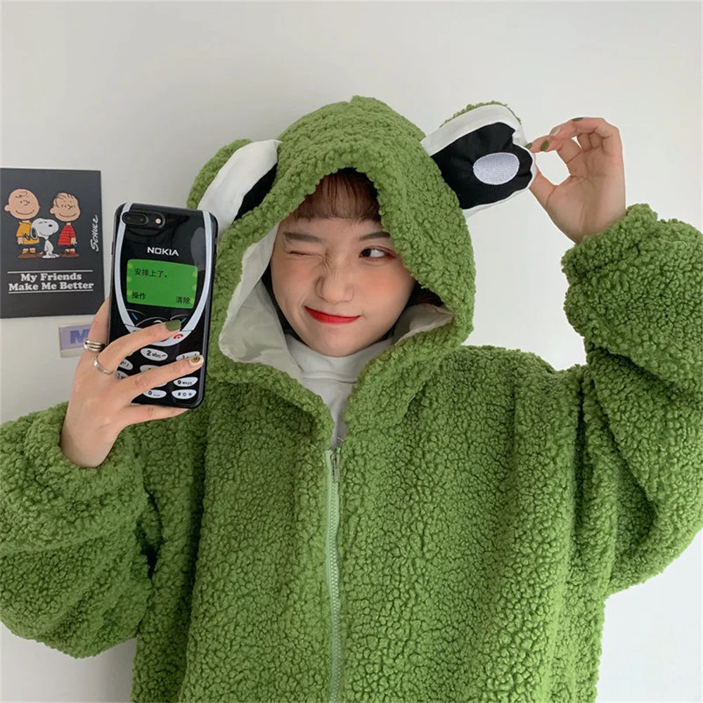 

Green Frog Hoodie Women Cute Funny Lamb Cashmere Plus Velvet Thickened Kawaii Harajuku Streetwear Christmas Oversized Hoodie