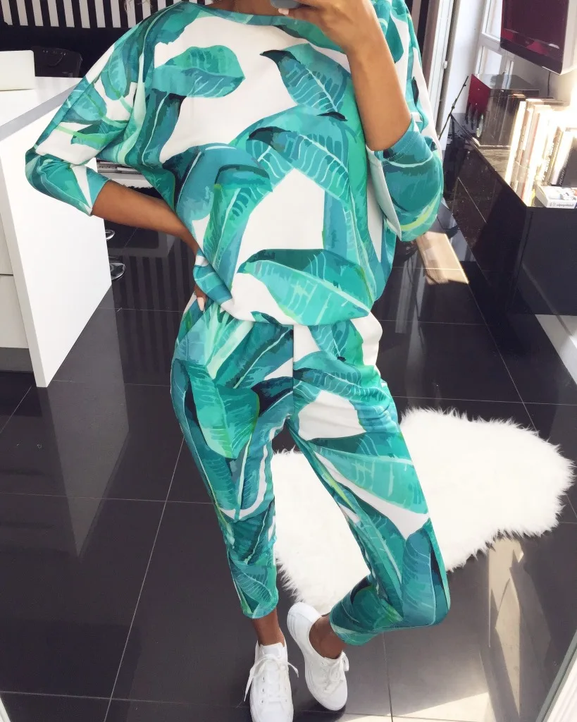 

2 Piece Set Women Sportwear Casual Tracksuit Female Suits Print Multicolor O Neck Long Sleeve 2020 Autumn Winter Pullover Full