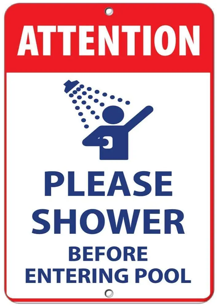 

Funny Metal Tin Sign Man Cave Garage Decor 12 x 8 Inches Attention Please Shower Before Entering Pool Activity Sign Bar,