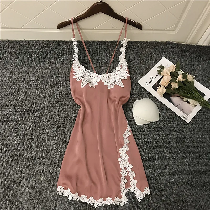 

Faux Silk nightwear Women Deep v-neck Strap Nightgown New Sexy Sleepwear Soft Print Sleepdress casual Lace edge homewear