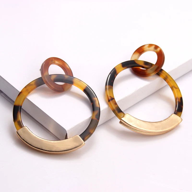Cpop Fashion Double Round Gold Acrylic Earrings for Women Acetic Acid Exaggeration Elegant Leopard Dangle Resin Jewelry | Украшения и