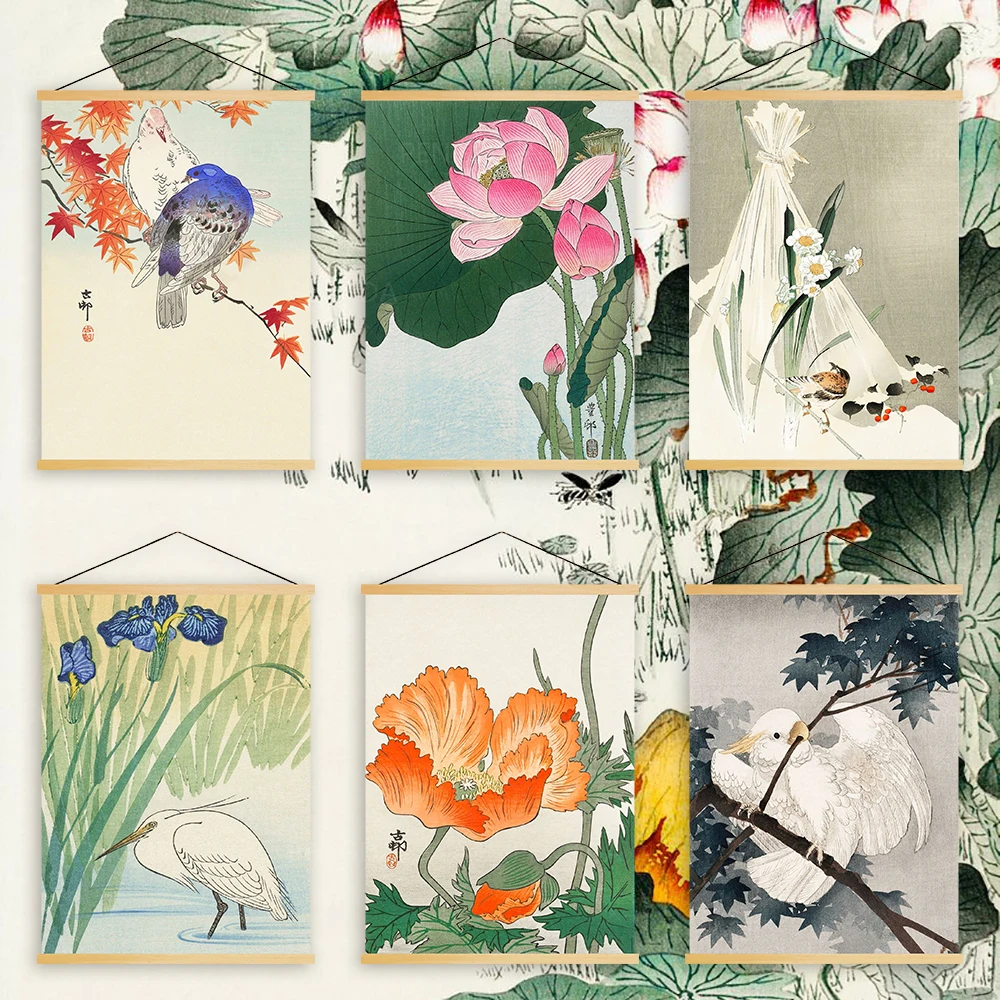 

Home Decoration Modern Wall Art Lotus Picture Wooden Scroll Hanging Painting Animal Print Canvas Plant Poster For Living Room